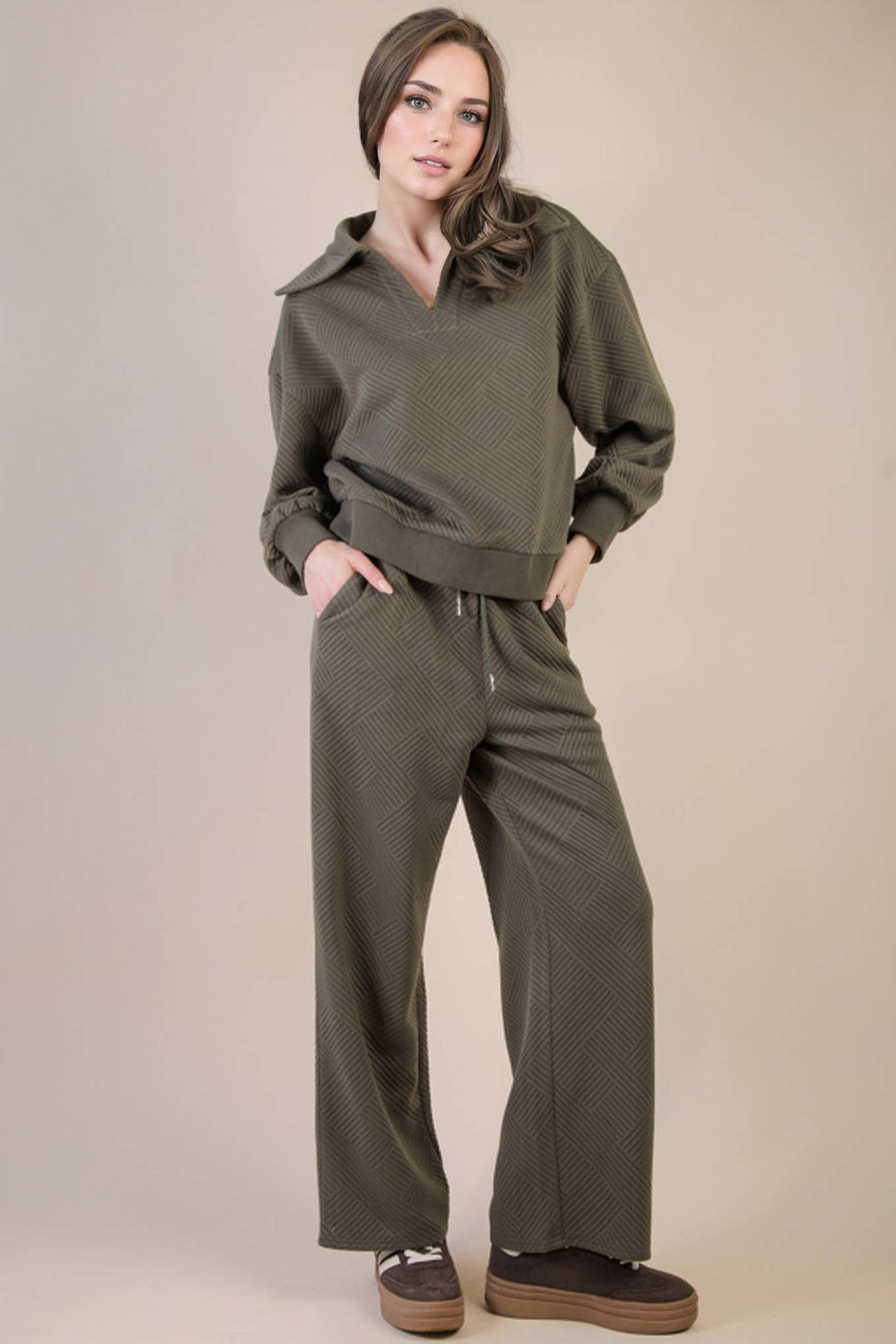 NT12404SET-Textured Knit Casual Comfy Top & Pants Set: H GREY / S-M-L/2-2-2-Anatomy Clothing Boutique in Brenham, Texas