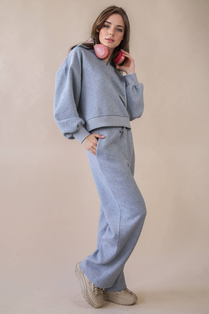 NT12404SET-Textured Knit Casual Comfy Top & Pants Set: H GREY / S-M-L/2-2-2-Anatomy Clothing Boutique in Brenham, Texas