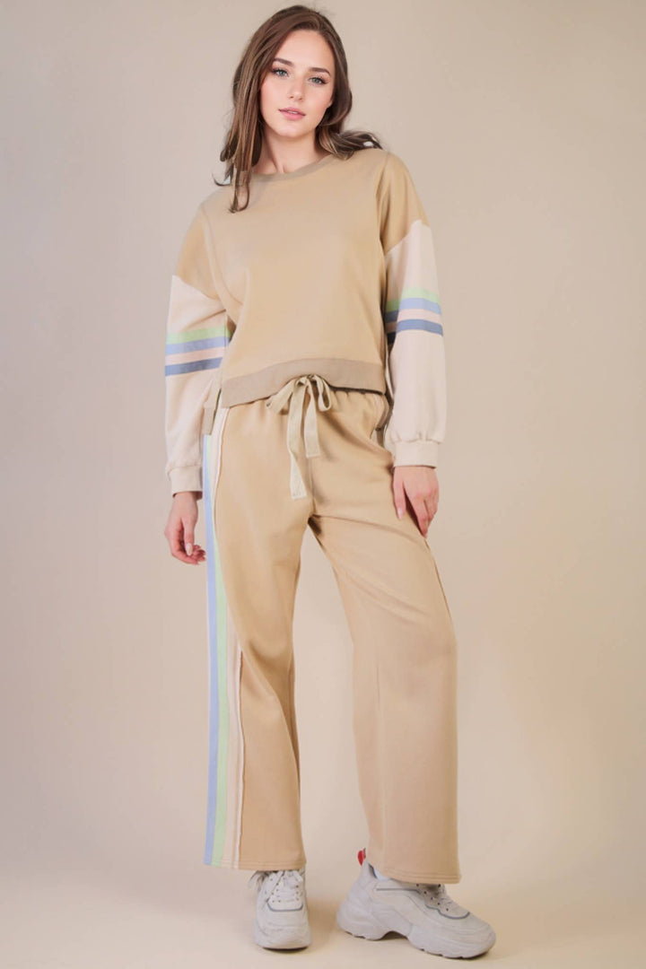 NT12360SET-Color Tape Detail Knit Top & Pants Comfy Set: DENIM / S-M-L/2-2-2-Anatomy Clothing Boutique in Brenham, Texas