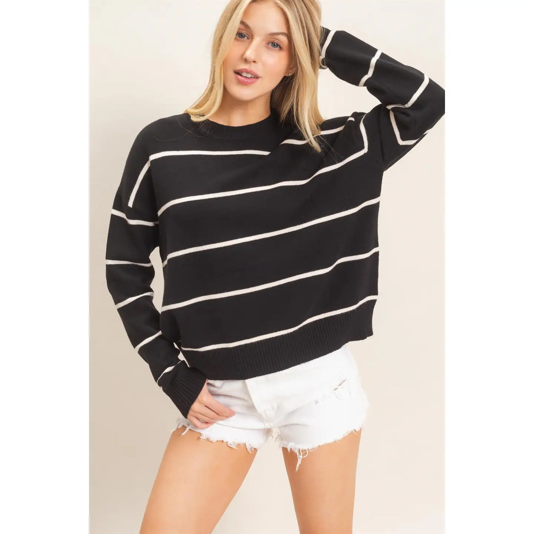 Easy Days Striped Sweater - Black-Shirts & Tops-Anatomy Clothing Boutique in Brenham, Texas