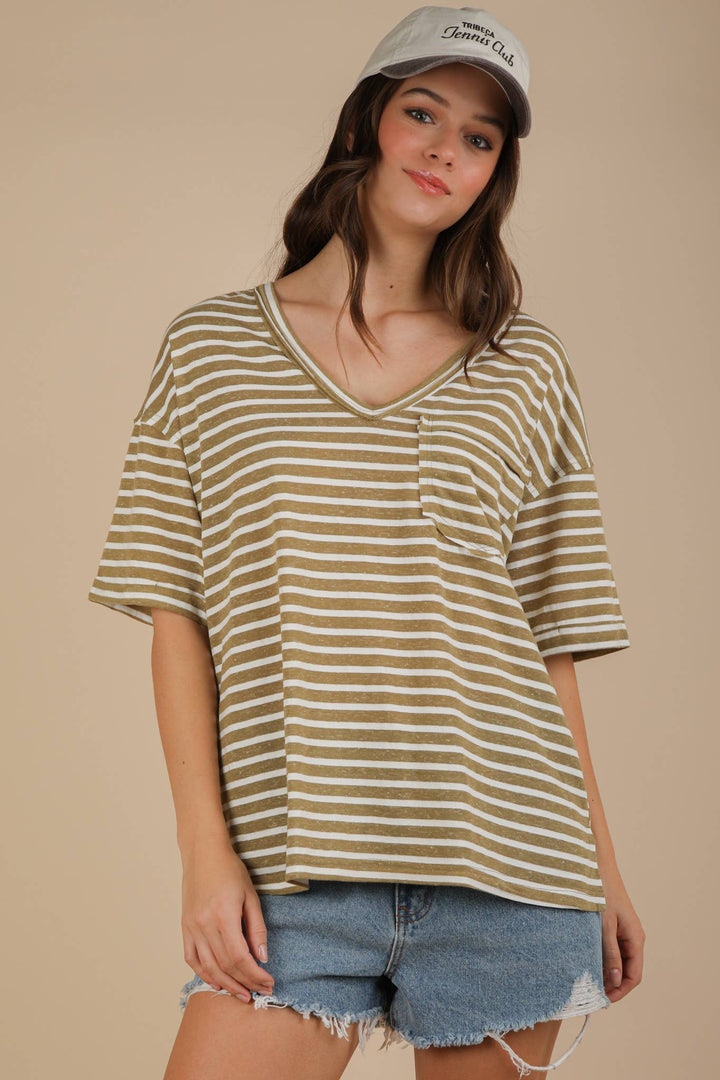 Oversized Stripe V-Neck Top-Olive-Tops-Anatomy Clothing Boutique in Brenham, Texas