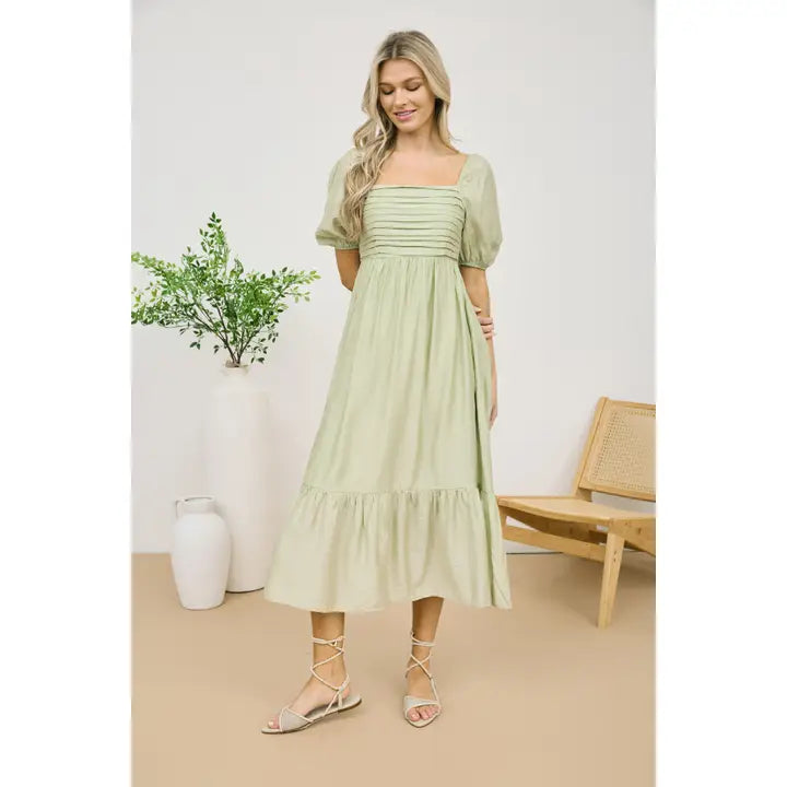 Pleated Puff Sleeve Midi Dress-Dresses-Anatomy Clothing Boutique in Brenham, Texas