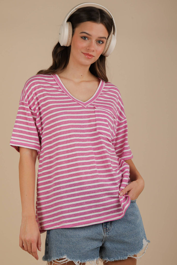 Oversized Stripe V-Neck Top-Rose-Tops-Anatomy Clothing Boutique in Brenham, Texas