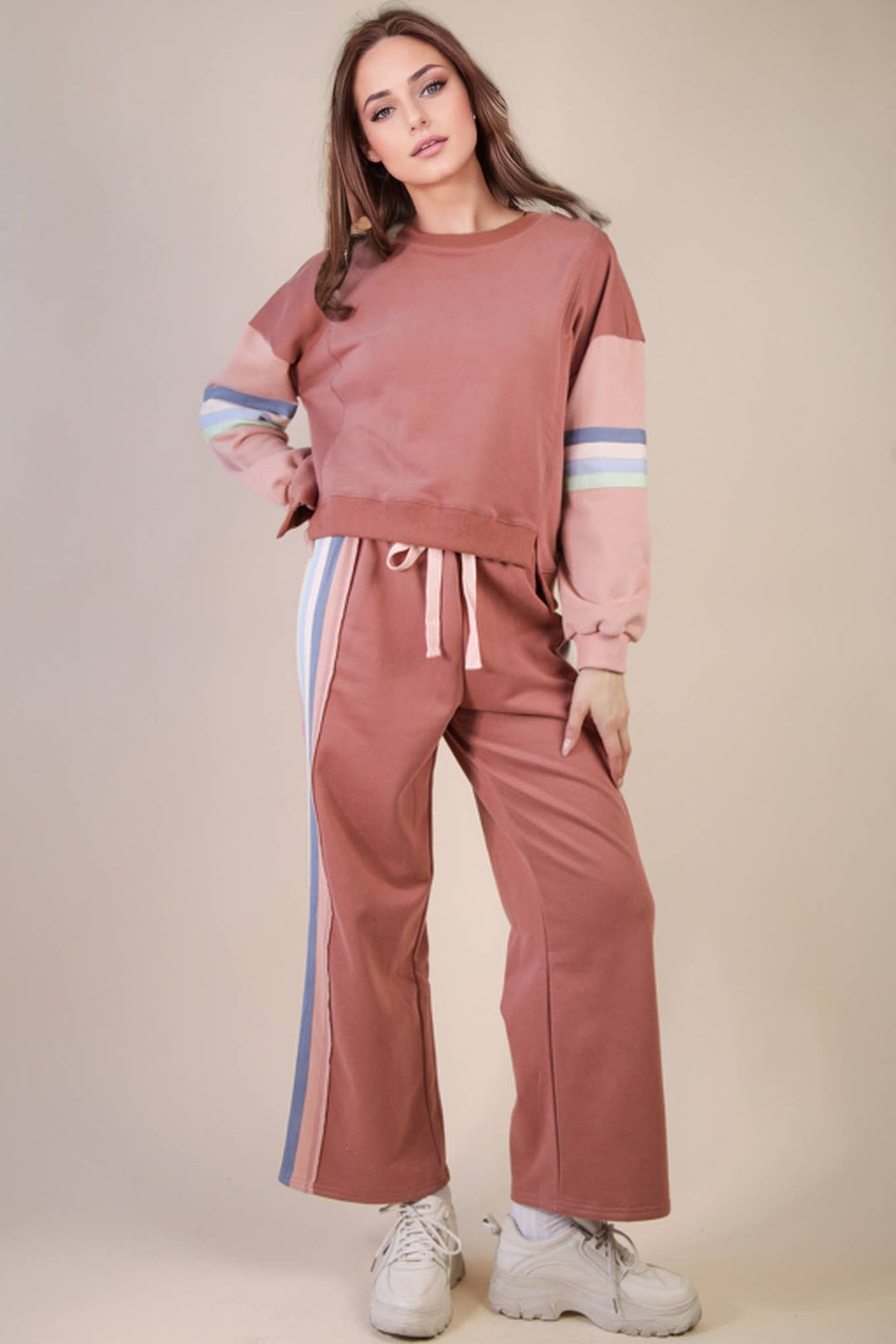 NT12360SET-Color Tape Detail Knit Top & Pants Comfy Set: DENIM / S-M-L/2-2-2-Anatomy Clothing Boutique in Brenham, Texas