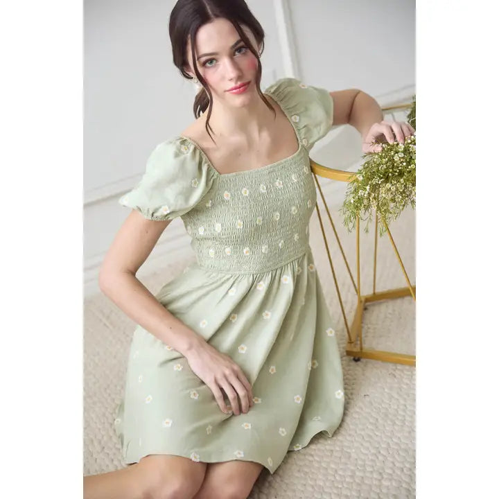 Daisy Sage Puff Sleeve Dress-Dresses-Anatomy Clothing Boutique in Brenham, Texas