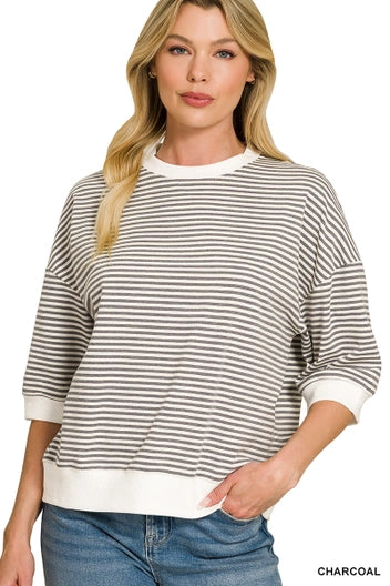 Easy Does It Striped Ribbed Top - Charcoal-Tops-Anatomy Clothing Boutique in Brenham, Texas
