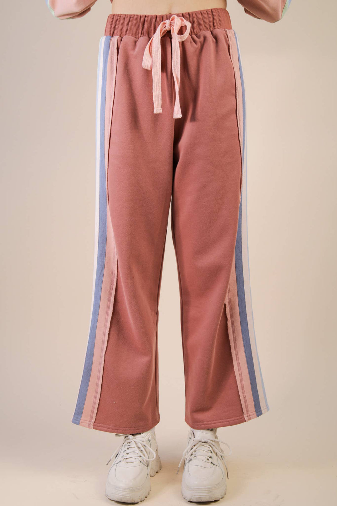 NT12360SET-Color Tape Detail Knit Top & Pants Comfy Set: DENIM / S-M-L/2-2-2-Anatomy Clothing Boutique in Brenham, Texas