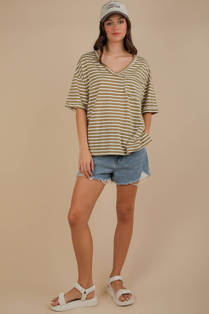 Oversized Stripe V-Neck Top-Olive-Tops-Anatomy Clothing Boutique in Brenham, Texas