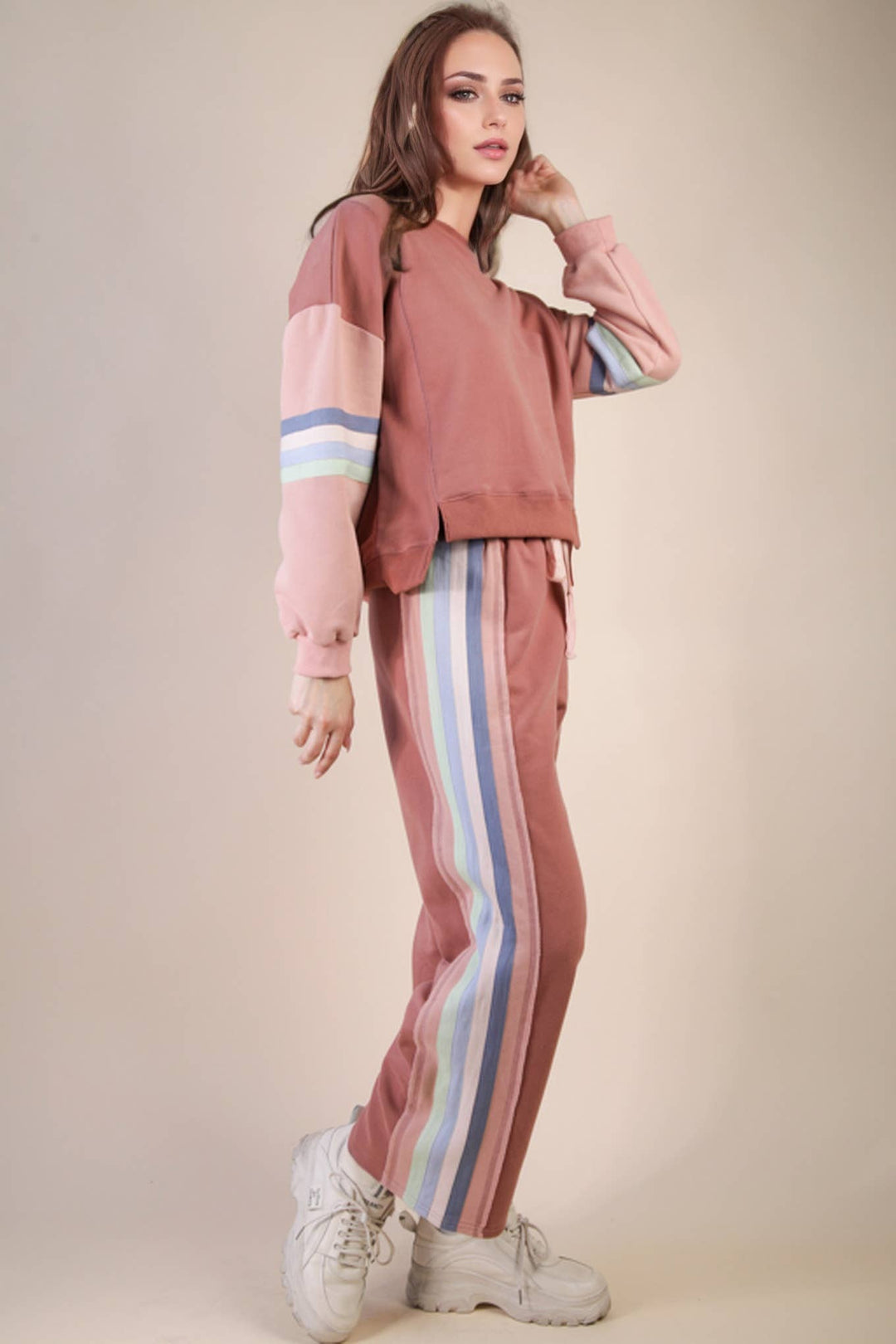 NT12360SET-Color Tape Detail Knit Top & Pants Comfy Set: DENIM / S-M-L/2-2-2-Anatomy Clothing Boutique in Brenham, Texas