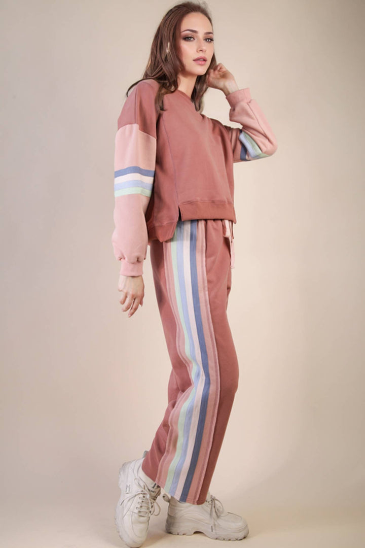 NT12360SET-Color Tape Detail Knit Top & Pants Comfy Set: DENIM / S-M-L/2-2-2-Anatomy Clothing Boutique in Brenham, Texas