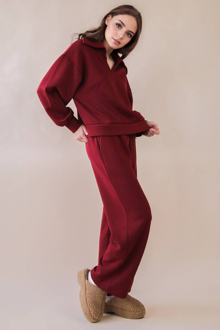 NT12404SET-Textured Knit Casual Comfy Top & Pants Set: H GREY / S-M-L/2-2-2-Anatomy Clothing Boutique in Brenham, Texas