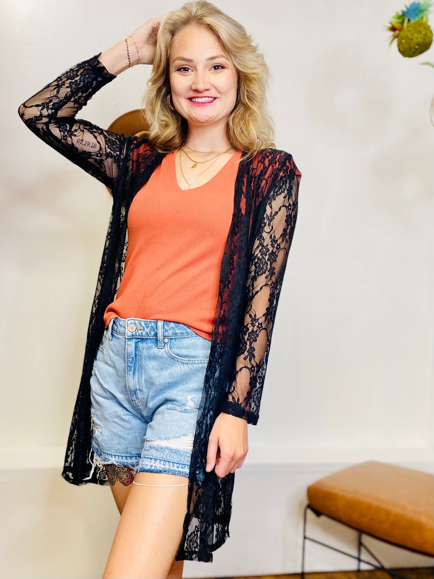 Kate Lace Long Sleeve Duster - Black-Tops-Anatomy Clothing Boutique in Brenham, Texas