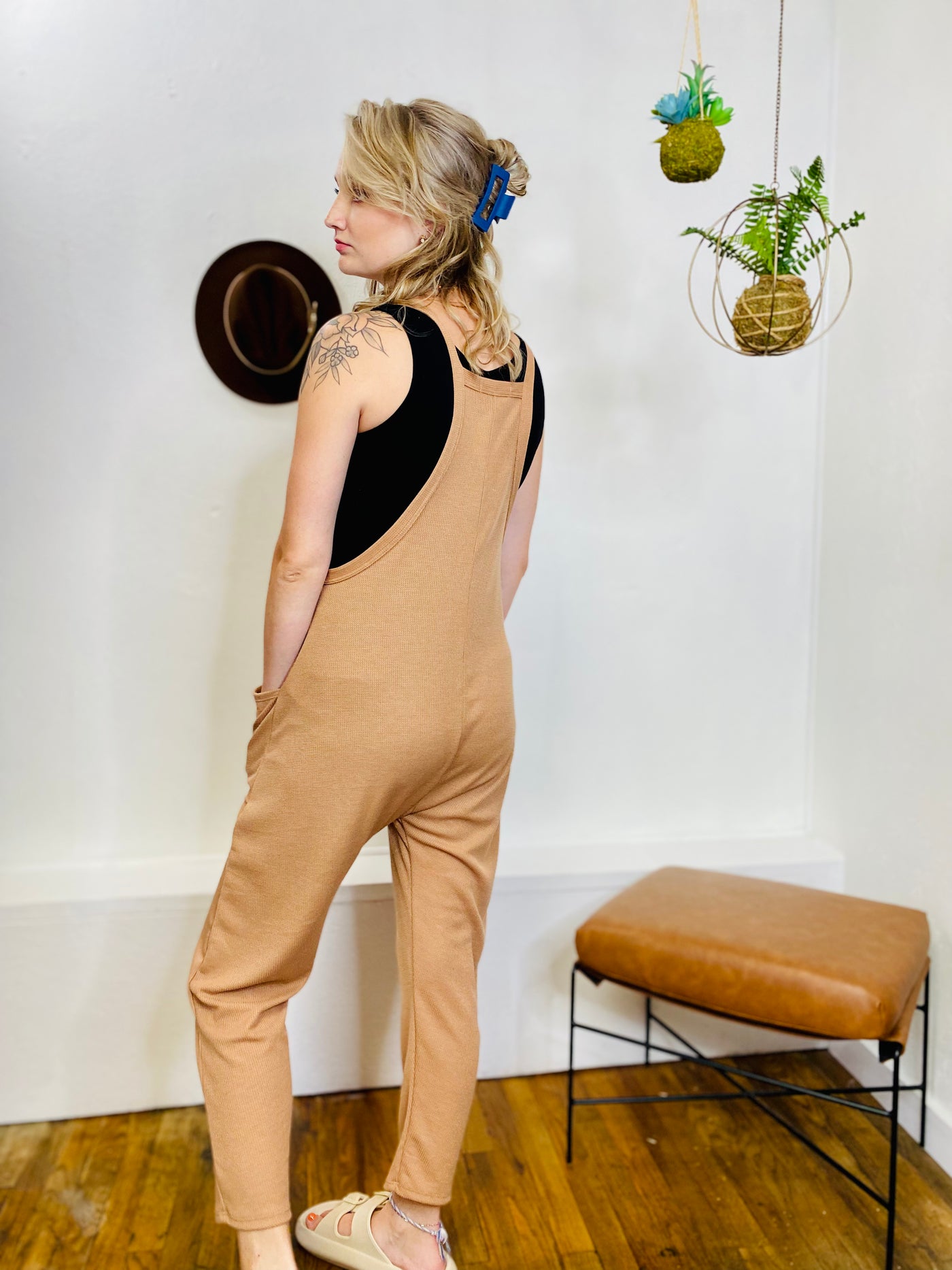 Macy Relaxed Knit Jumpsuit - Camel-Jumpsuits & Rompers-Anatomy Clothing Boutique in Brenham, Texas