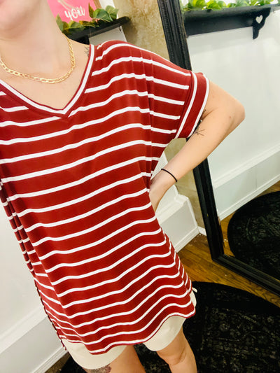 Terri Striped V Neck Tee-Tops-Anatomy Clothing Boutique in Brenham, Texas