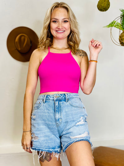 Criss Cross Ribbed Cami - Hot Pink-Tops-Anatomy Clothing Boutique in Brenham, Texas