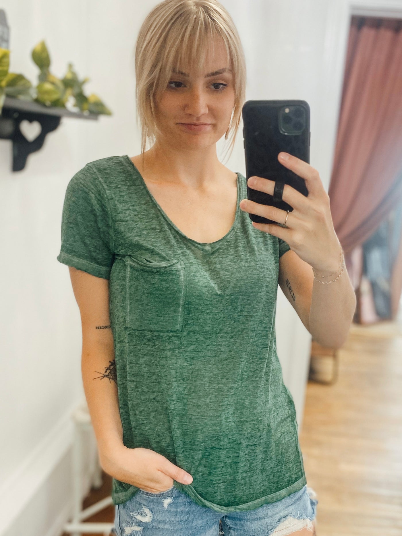 Burnout Scoop Neck Pocket Tee-Tops-Anatomy Clothing Boutique in Brenham, Texas