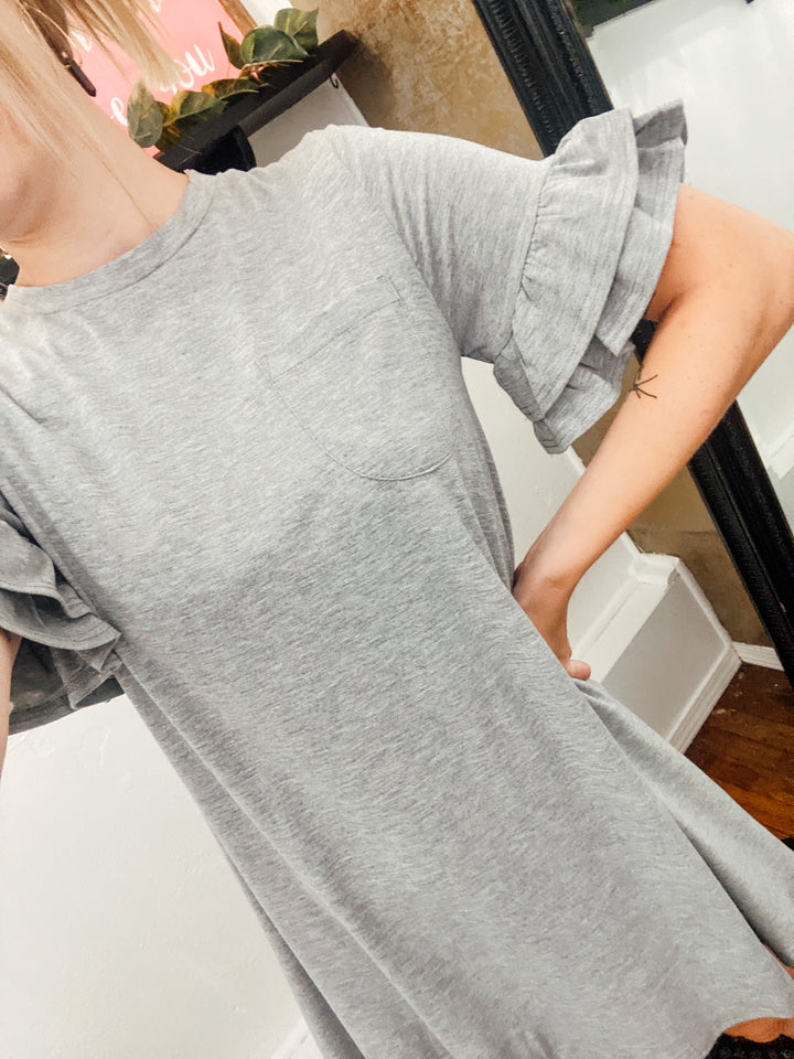 Iris Ruffle Sleeve Tee Dress - Grey-Dresses-Anatomy Clothing Boutique in Brenham, Texas
