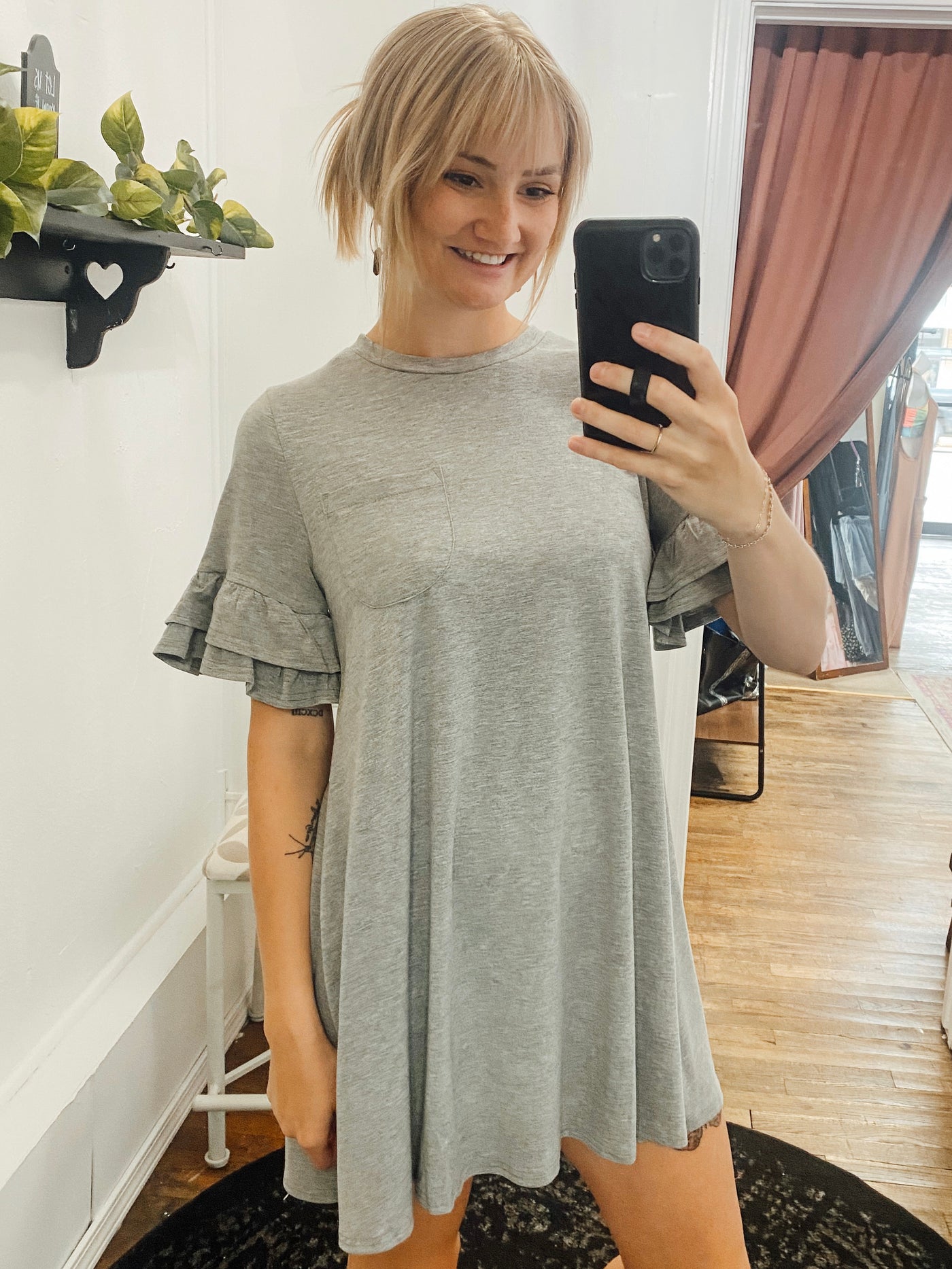 Iris Ruffle Sleeve Tee Dress - Grey-Dresses-Anatomy Clothing Boutique in Brenham, Texas