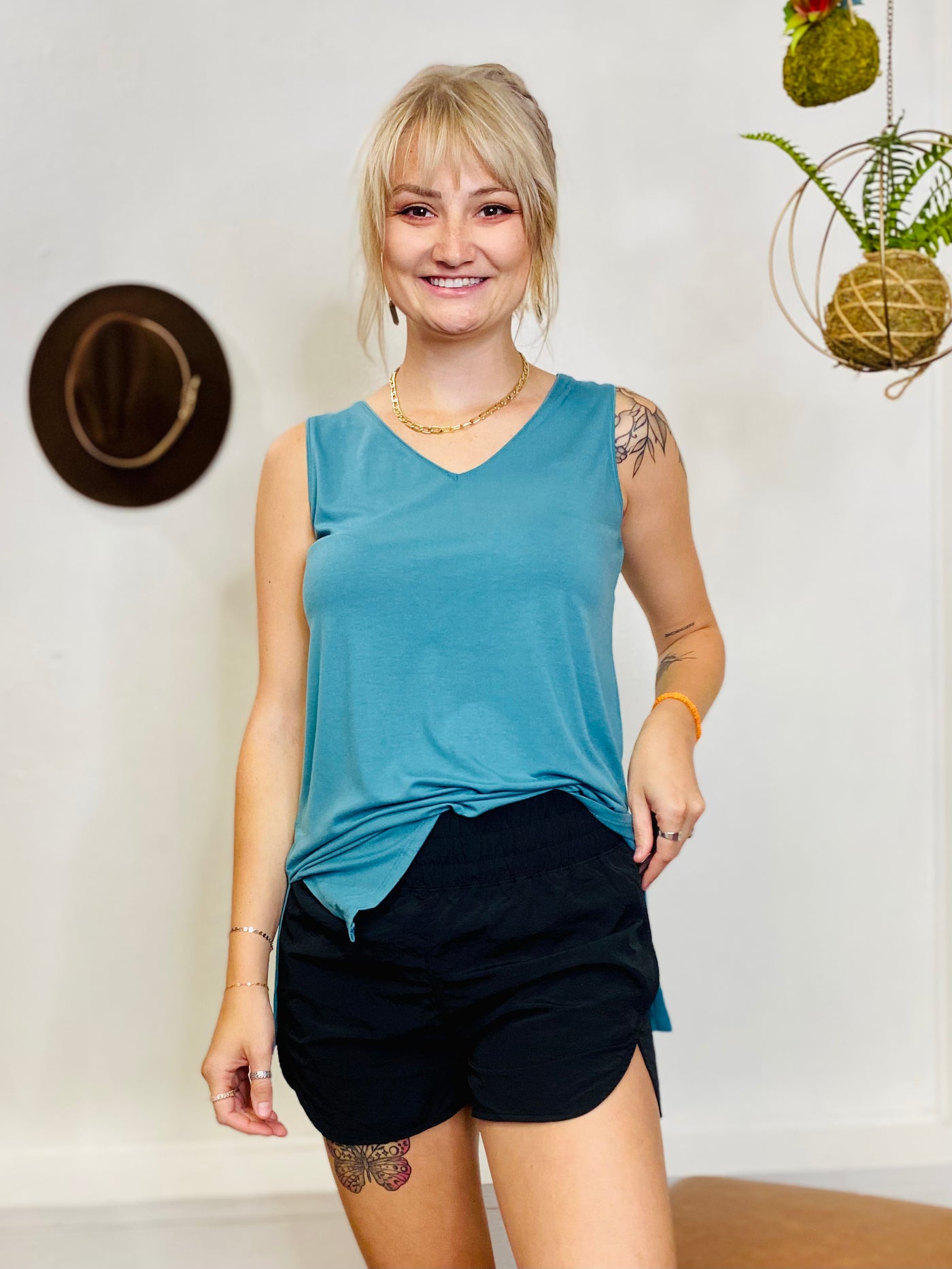 Tami V Neck Tank Top - Teal-Tops-Anatomy Clothing Boutique in Brenham, Texas