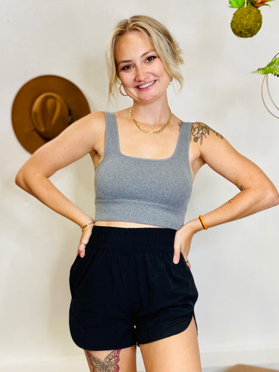 Square Neck Ribbed Padded Tank - Grey-Tops-Anatomy Clothing Boutique in Brenham, Texas