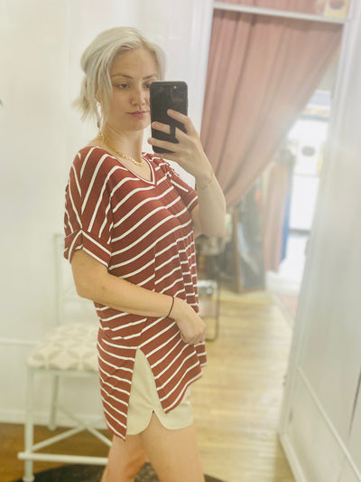 Terri Striped V Neck Tee-Tops-Anatomy Clothing Boutique in Brenham, Texas