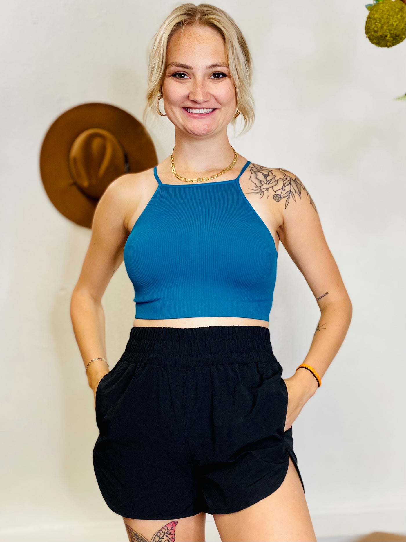 Criss Cross Ribbed Cami - Teal-Tops-Anatomy Clothing Boutique in Brenham, Texas