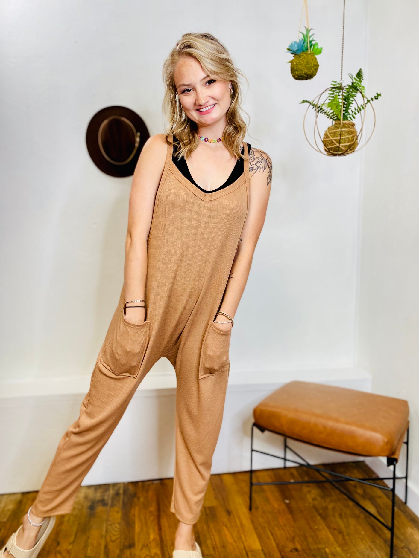 Macy Relaxed Knit Jumpsuit - Camel-Jumpsuits & Rompers-Anatomy Clothing Boutique in Brenham, Texas