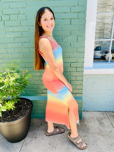 Sunset Ombre Stripe Midi Dress-Dresses-Anatomy Clothing Boutique in Brenham, Texas