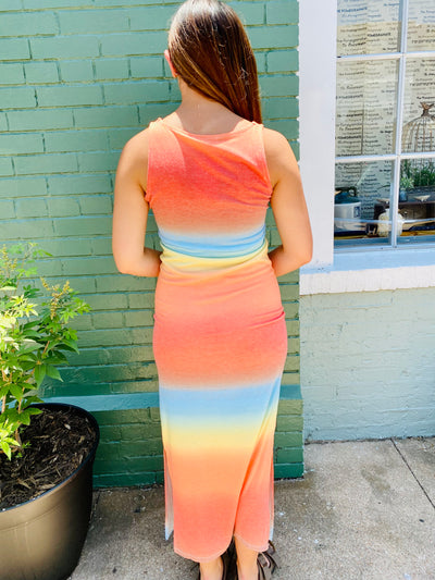 Sunset Ombre Stripe Midi Dress-Dresses-Anatomy Clothing Boutique in Brenham, Texas