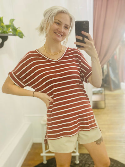 Terri Striped V Neck Tee-Tops-Anatomy Clothing Boutique in Brenham, Texas