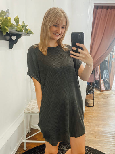 Ash Grey Waffled Tee Dress UMGEE-Dresses-Anatomy Clothing Boutique in Brenham, Texas