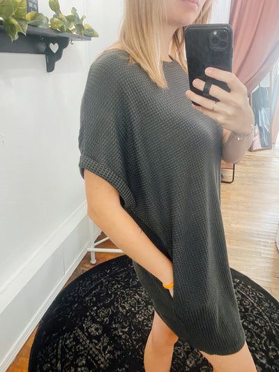Ash Grey Waffled Tee Dress UMGEE-Dresses-Anatomy Clothing Boutique in Brenham, Texas