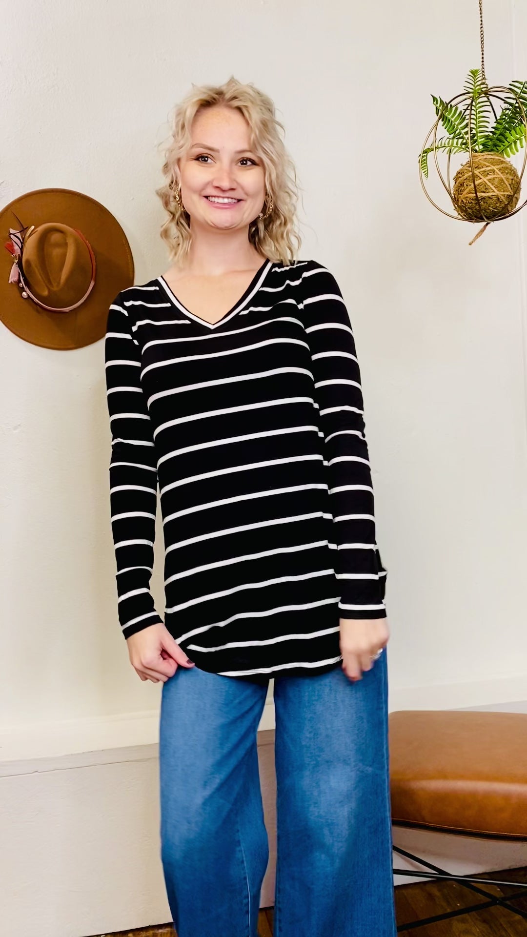 Stacey Stripe Long Sleeve Top - Black