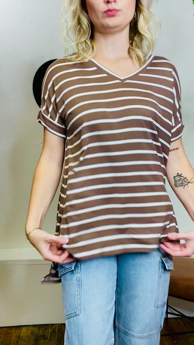 Terri Striped V Neck Tee - Mocha