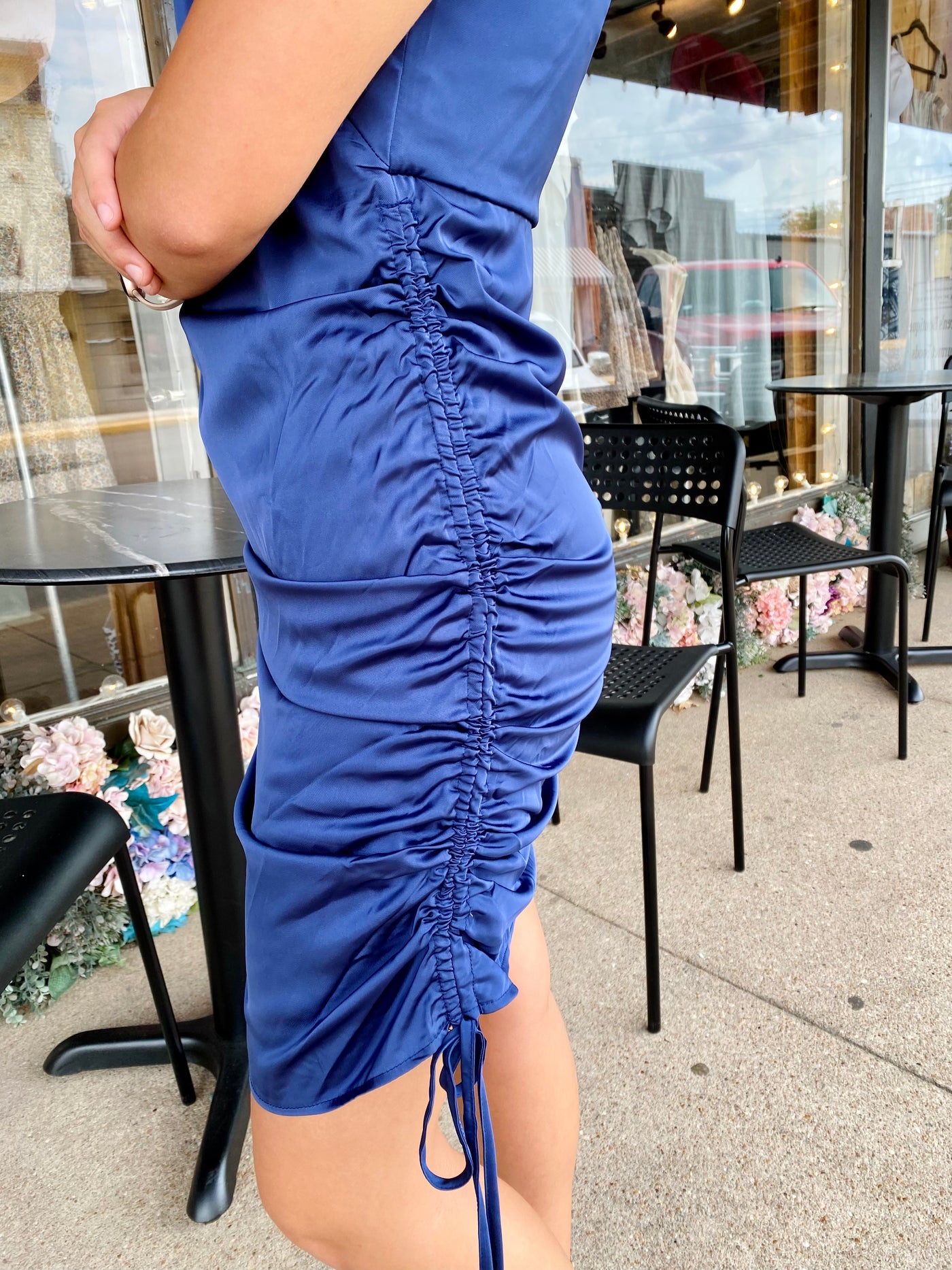 Rachel Satin Ruched Dress COLLETTA-Dresses-Anatomy Clothing Boutique in Brenham, Texas