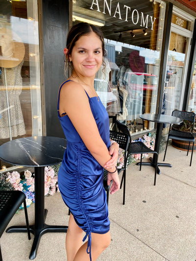 Rachel Satin Ruched Dress COLLETTA-Dresses-Anatomy Clothing Boutique in Brenham, Texas