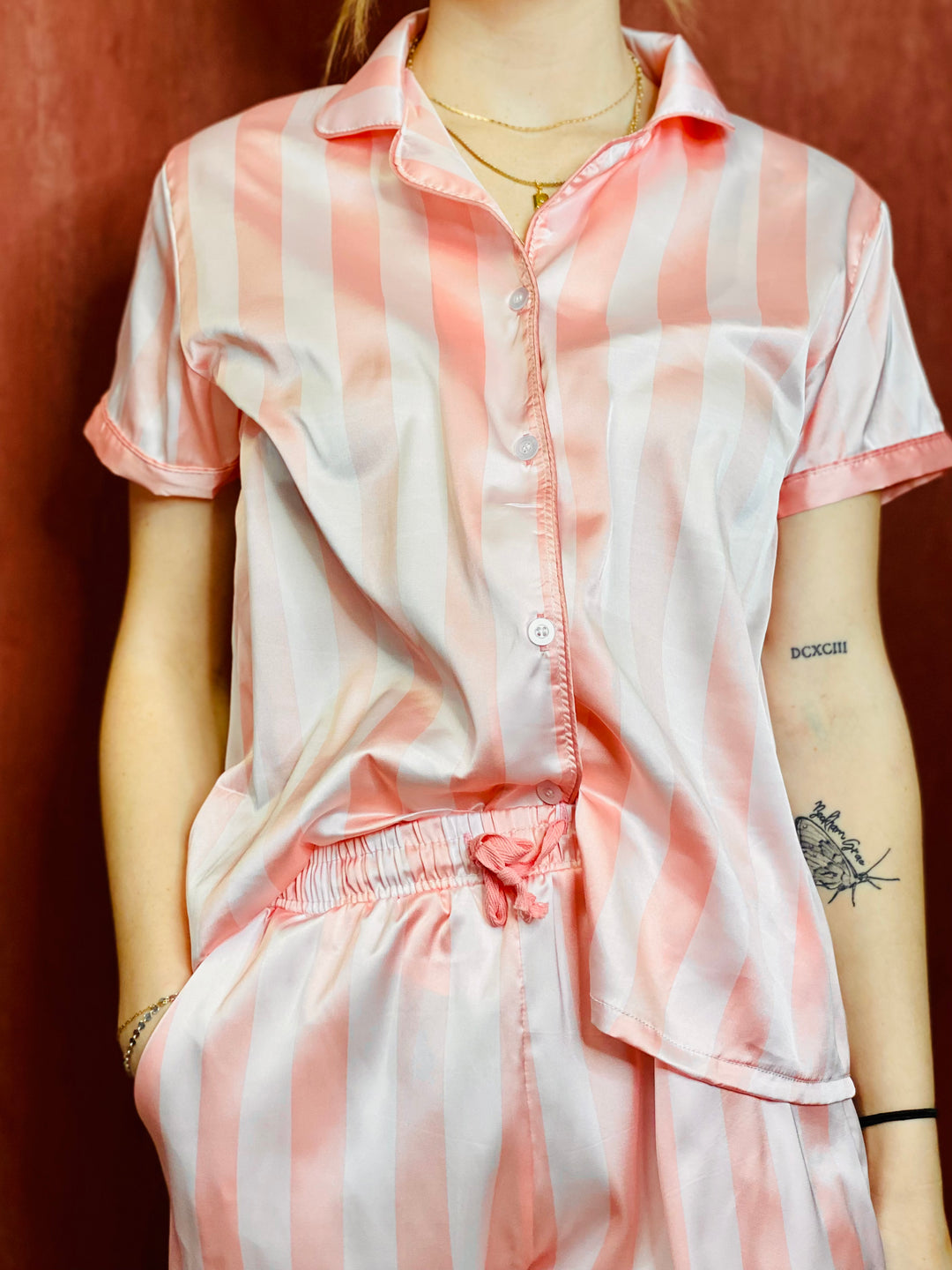 Satin Pajama Top HELLO MELLO - Pink-tops-Anatomy Clothing Boutique in Brenham, Texas