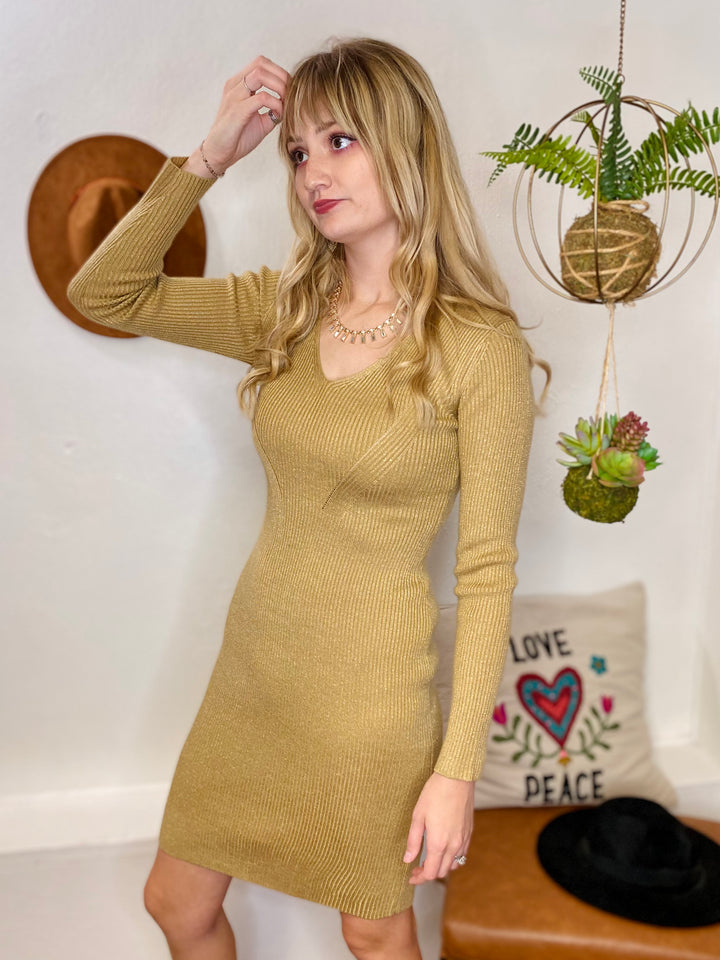 Elia Knit Midi Gold Dress Lucy Paris-Dresses-Anatomy Clothing Boutique in Brenham, Texas
