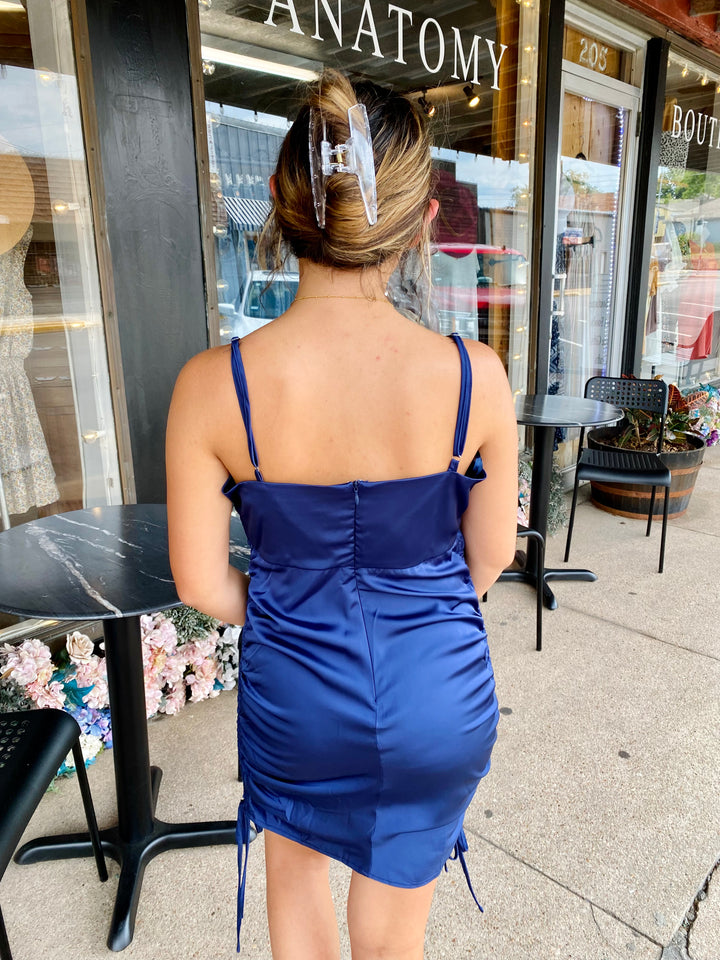 Rachel Satin Ruched Dress COLLETTA-Dresses-Anatomy Clothing Boutique in Brenham, Texas