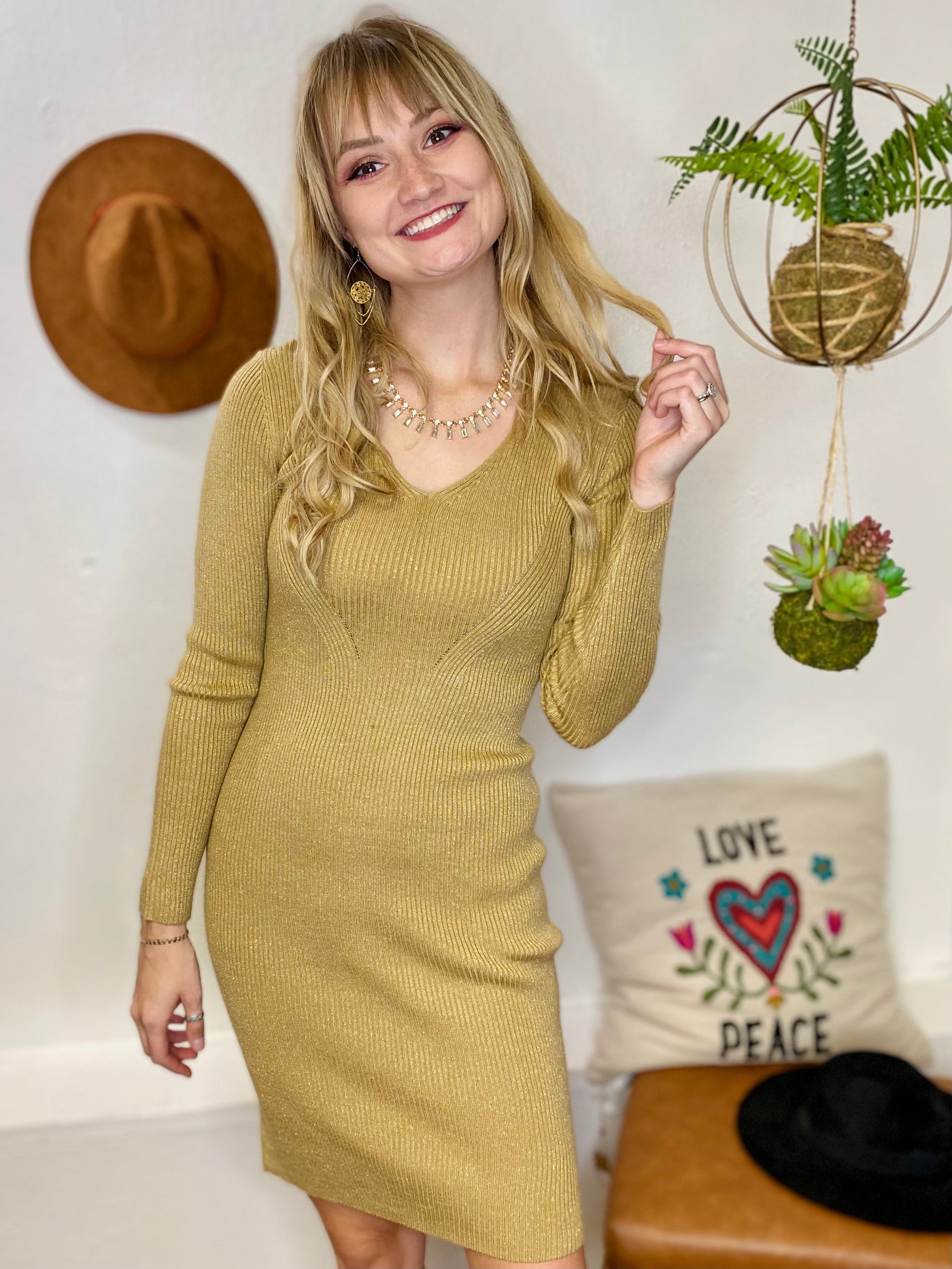 Elia Knit Midi Gold Dress Lucy Paris-Dresses-Anatomy Clothing Boutique in Brenham, Texas