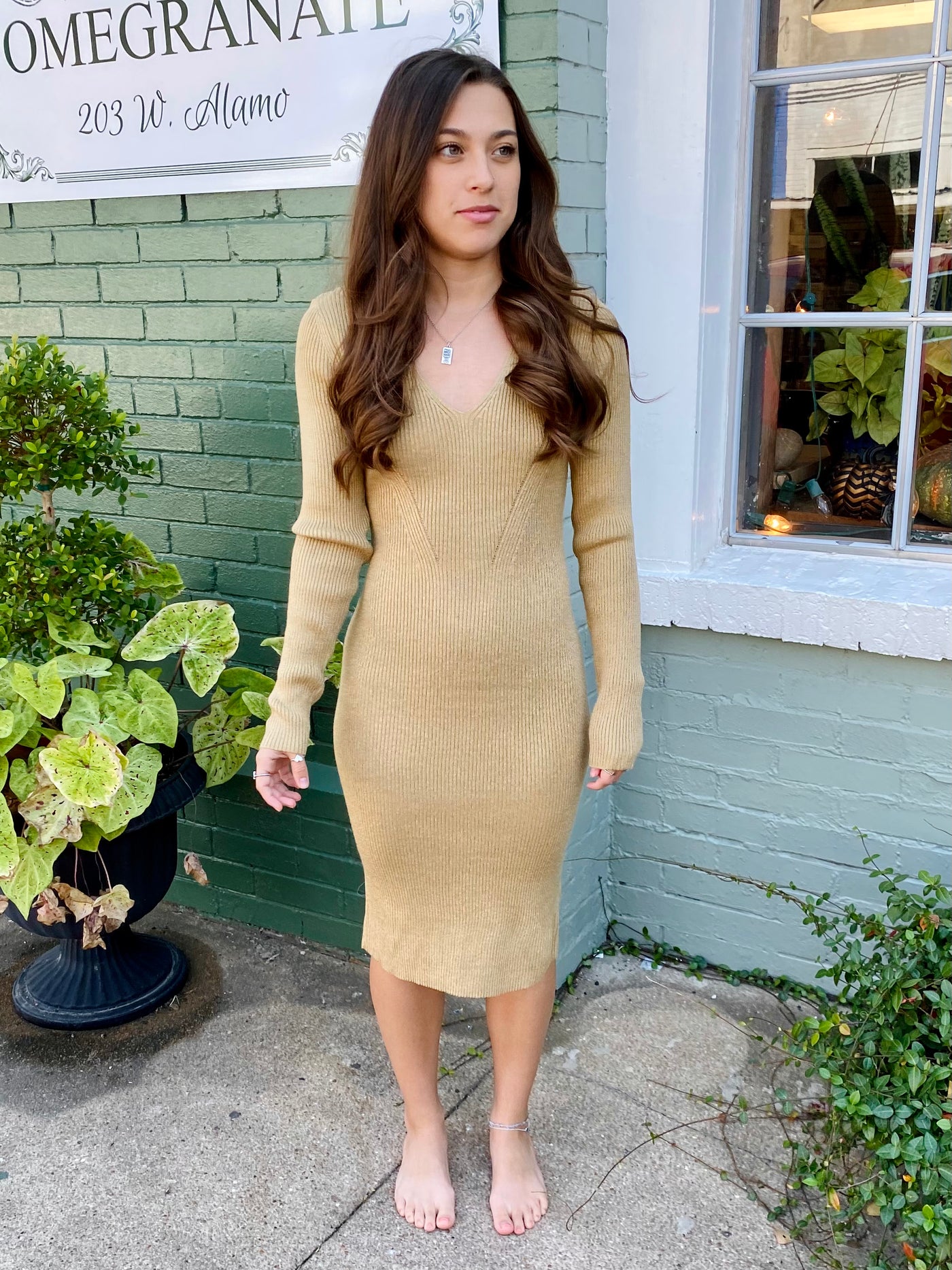 Elia Knit Midi Gold Dress Lucy Paris-Dresses-Anatomy Clothing Boutique in Brenham, Texas